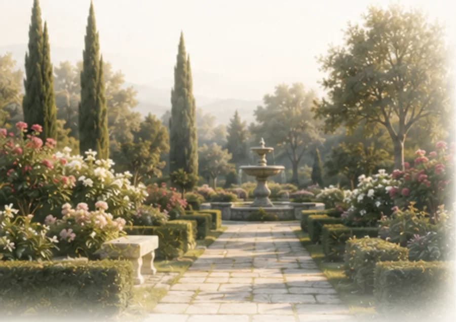 A serene garden with a fountain at dusk